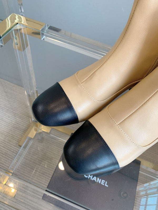 CC Ankle Boots Block Heel 60mm Beige Black Cowhide 464568