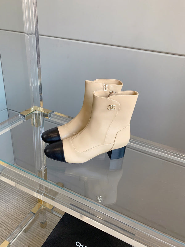 CC Ankle Boots Block Heel 60mm Beige Black Cowhide 464568