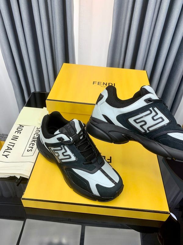 FENDI FASTER TRAINER IN BLACK SUEDE MIX WHITE CALFSKIN
