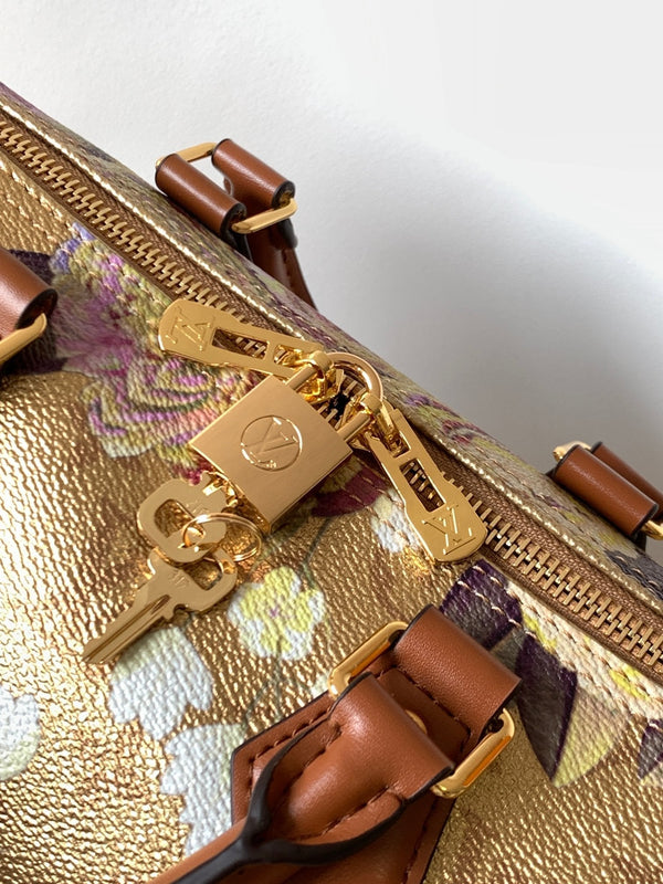 LV Speedy Bandoulière 25 Gold Floral Pattern Leather GHW