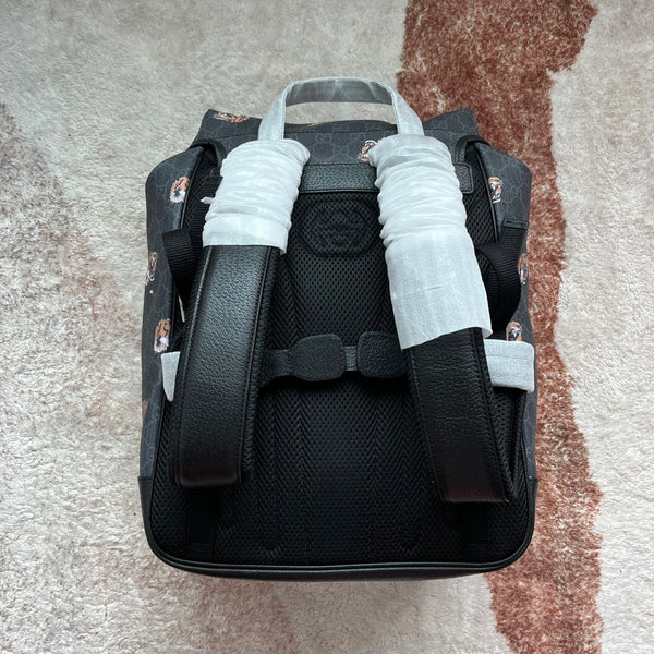 ZAINO MEDIO STAMPA TIGRE 43 IN TELA NERA E FINITURE IN PELLE