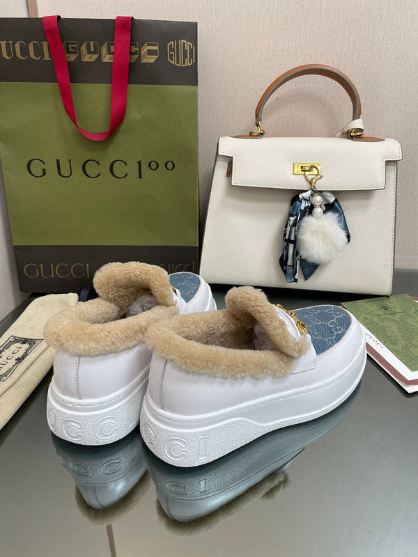 GG LOAFER IN BLUE JACQUARD MIX WHITE CALFSKIN WITH BEIGE WOOL LINING