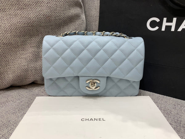 flap bag mini 20cm light cloud blue caviar silver hardware