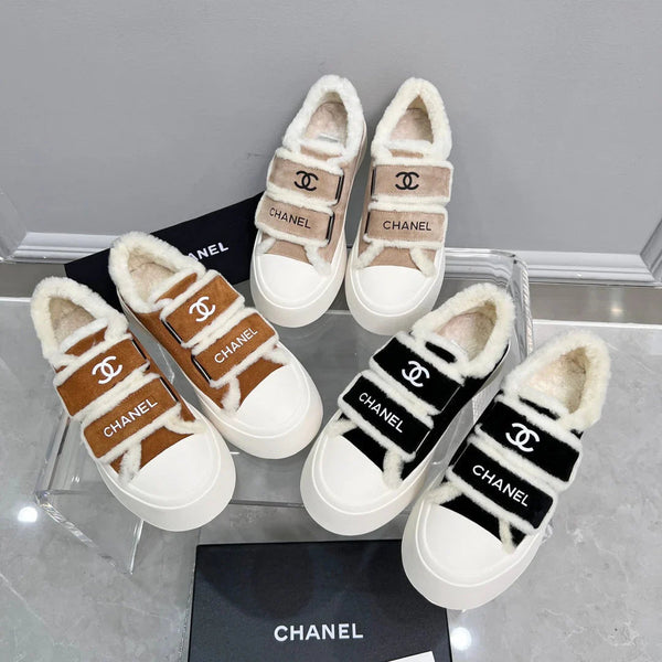 Baskets CC Semelle Épaisse Blanc Noir Daim Doublure Laine Polaire
