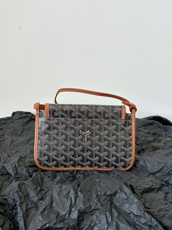 PORTAFOGLIO PLUMET POCKET 20 IN TELA GOYARDINE NERA E PROFILI IN AGNELLO MARRONE CHIARO