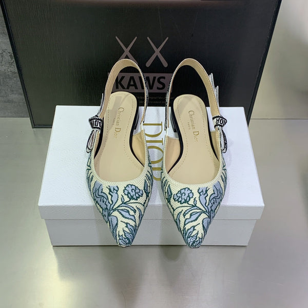 JAdior Slingback Flat Duck Blue Embroidered Cotton with Gold-Tone Metallic Thread