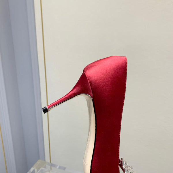 Manolo Wheat Ear Rhinestone Pumps Dark Red Silk Fabric 306595