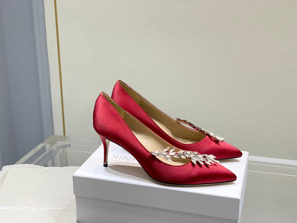 Manolo Wheat Ear Rhinestone Pumps Dark Red Silk Fabric 306595
