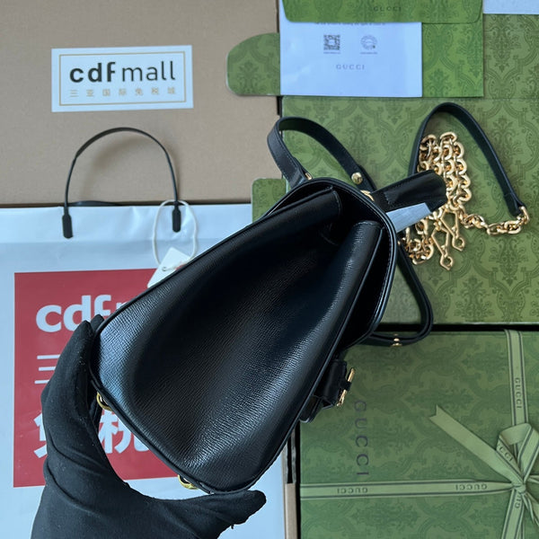 BORSA MEDIA CON MANICO SUPERIORE HORSEBIT 1955 29 IN PELLE DI VITELLO NERA E FERRAMENTA ORO