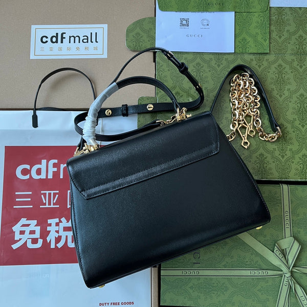 BORSA MEDIA CON MANICO SUPERIORE HORSEBIT 1955 29 IN PELLE DI VITELLO NERA E FERRAMENTA ORO