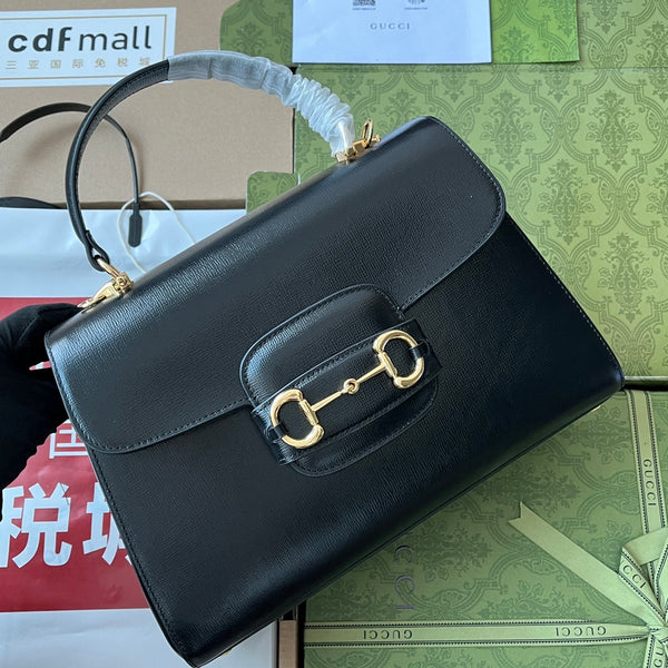 BORSA MEDIA CON MANICO SUPERIORE HORSEBIT 1955 29 IN PELLE DI VITELLO NERA E FERRAMENTA ORO