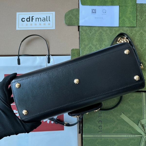 BORSA MEDIA CON MANICO SUPERIORE HORSEBIT 1955 29 IN PELLE DI VITELLO NERA E FERRAMENTA ORO