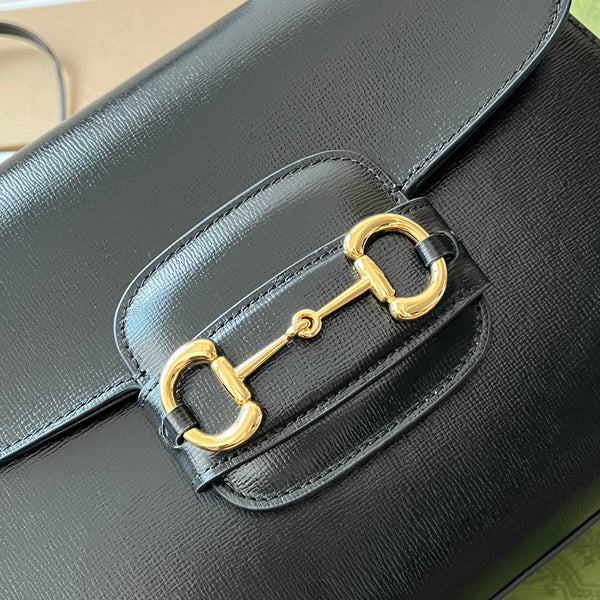 BORSA MEDIA CON MANICO SUPERIORE HORSEBIT 1955 29 IN PELLE DI VITELLO NERA E FERRAMENTA ORO