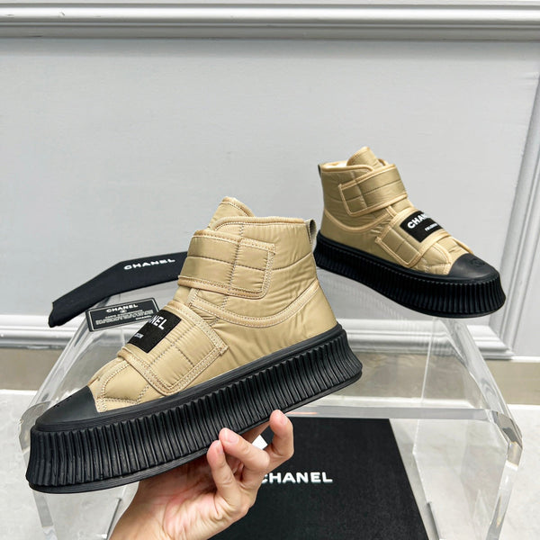 CC High Top Sneaker Thick-Soled Beige Rain Velvet Fabric