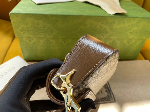 BORSA GG 12 HORSEBIT 1955 SUPER MINI IN TELA BEIGE E PELLE DI VITELLO EBANO