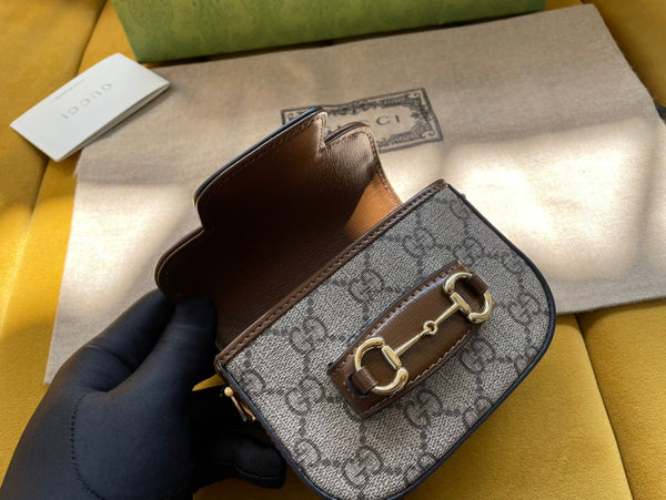 BORSA GG 12 HORSEBIT 1955 SUPER MINI IN TELA BEIGE E PELLE DI VITELLO EBANO