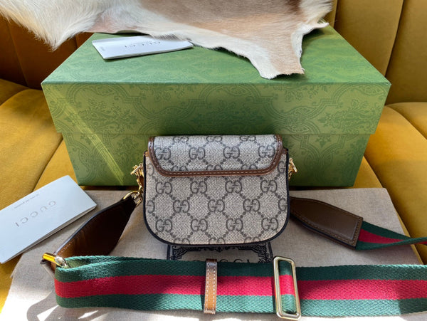 BORSA GG 12 HORSEBIT 1955 SUPER MINI IN TELA BEIGE E PELLE DI VITELLO EBANO