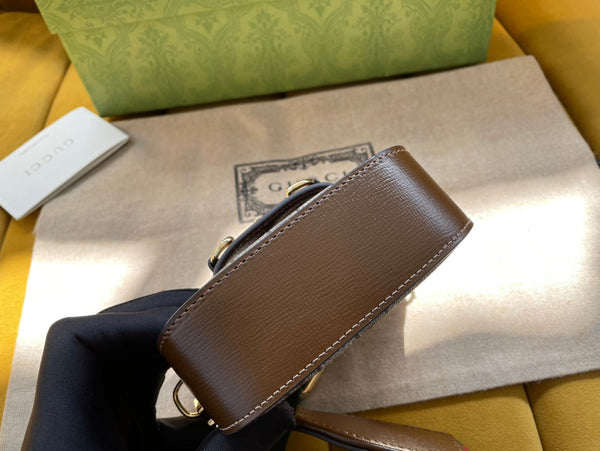 BORSA GG 12 HORSEBIT 1955 SUPER MINI IN TELA BEIGE E PELLE DI VITELLO EBANO