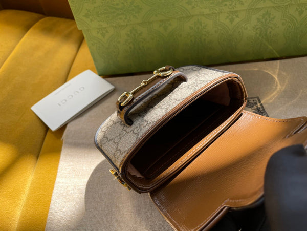 BORSA GG 12 HORSEBIT 1955 SUPER MINI IN TELA BEIGE E PELLE DI VITELLO EBANO