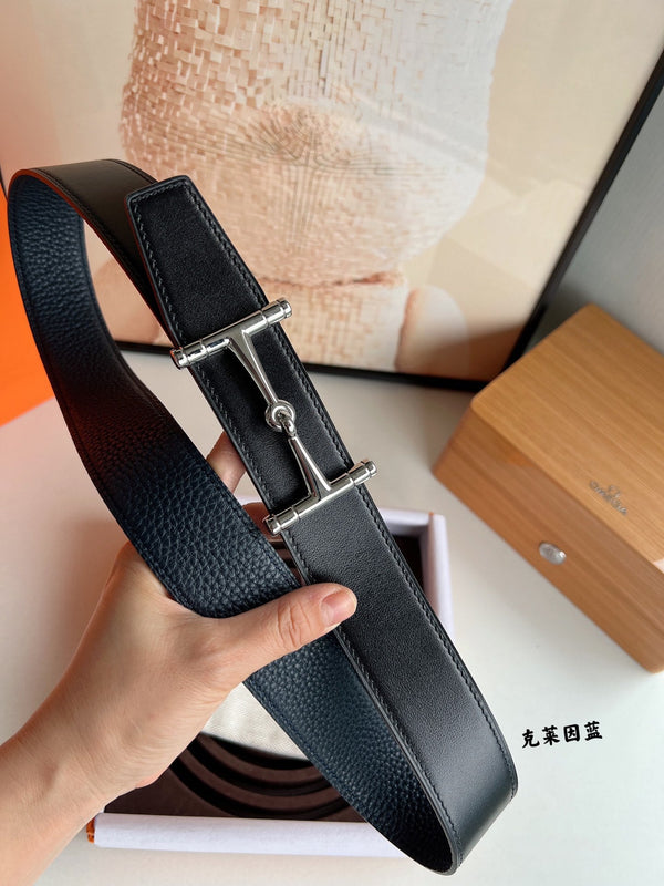 HM JUMBO BELT BUCKLE & REVERSIBLE CIDER ORANGE AND BLACK LEATHER STRAP 38 MM SILVER HARDWARE