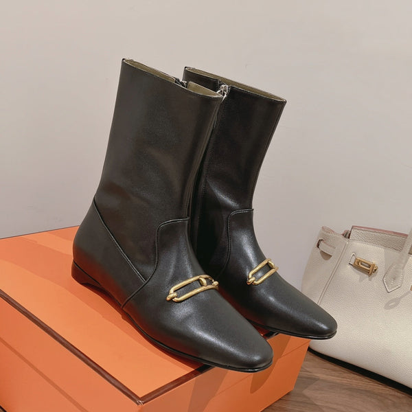 HM 26S Dora Gold Buckle Ankle Boots 2cm Black Leather