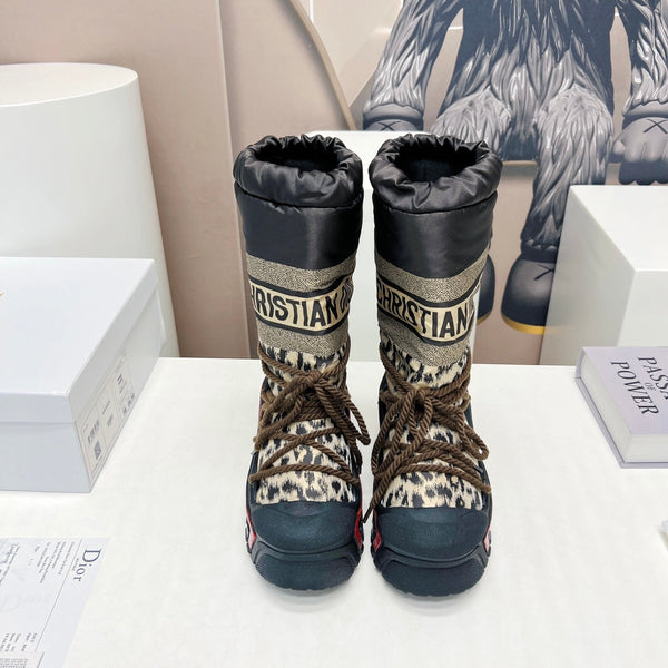 CD Platform Snow Boots Black Beige Cowhide Nylon Fabric 539655