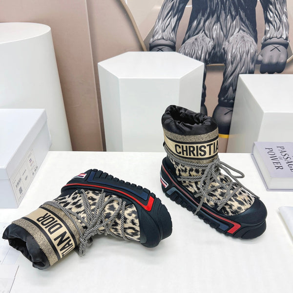 CD Snow Ankle Boots Black Beige Cowhide Nylon Fabric 539662