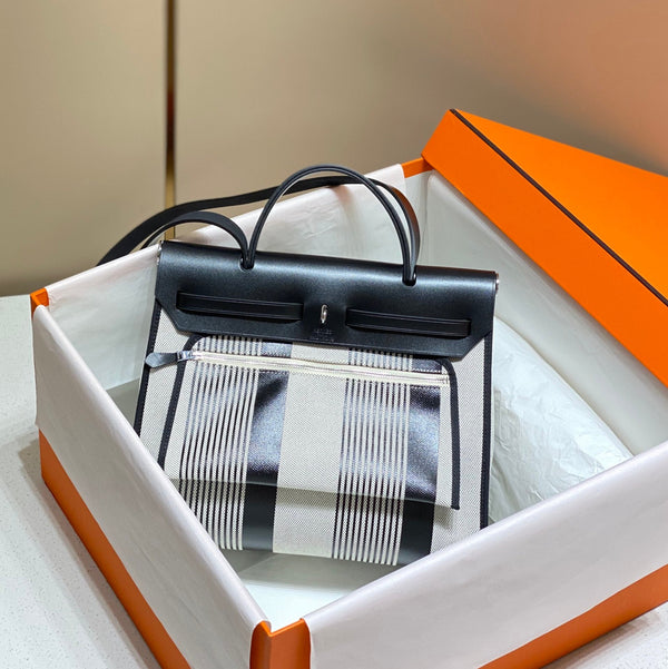 Herbag 31 Toile White Black Canvas Black Cowhide Leather