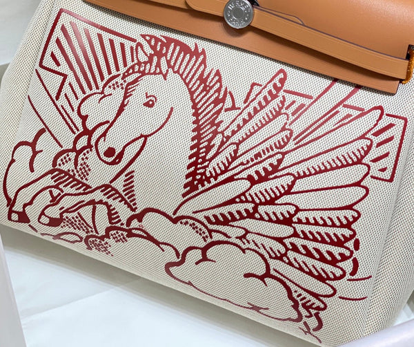 HM Pegase Pop Herbag Zip 31 White Blue Canvas Black Cowhide Leather