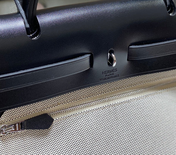 HM Pegase Pop Herbag Zip 31 White Blue Canvas Black Cowhide Leather