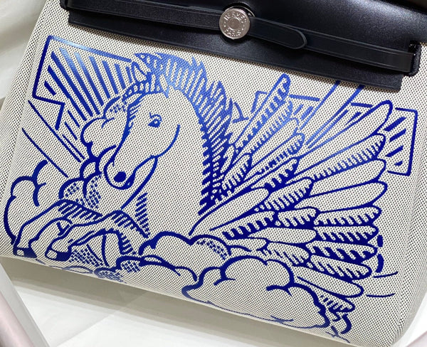 HM Pegase Pop Herbag Zip 31 White Blue Canvas Black Cowhide Leather