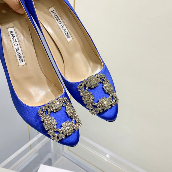 Manolo Diamond Buckle Pumps 10cm Navy Blue Silk 574252