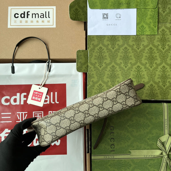 Borsa a tracolla piccola GG Ophidia 21 cm in tela beige marrone scuro