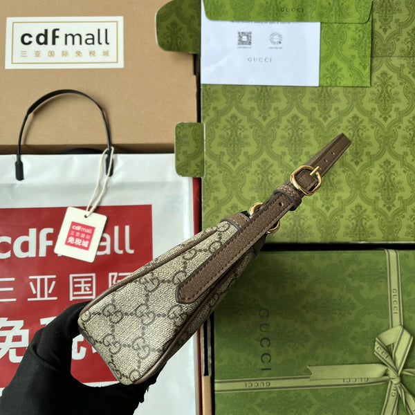 Borsa a tracolla piccola GG Ophidia 21 cm in tela beige marrone scuro