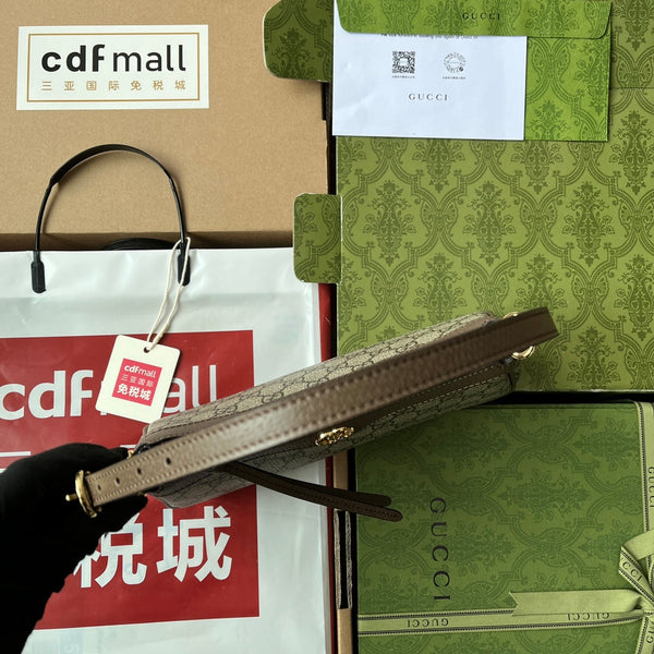 Borsa a tracolla piccola GG Ophidia 21 cm in tela beige marrone scuro