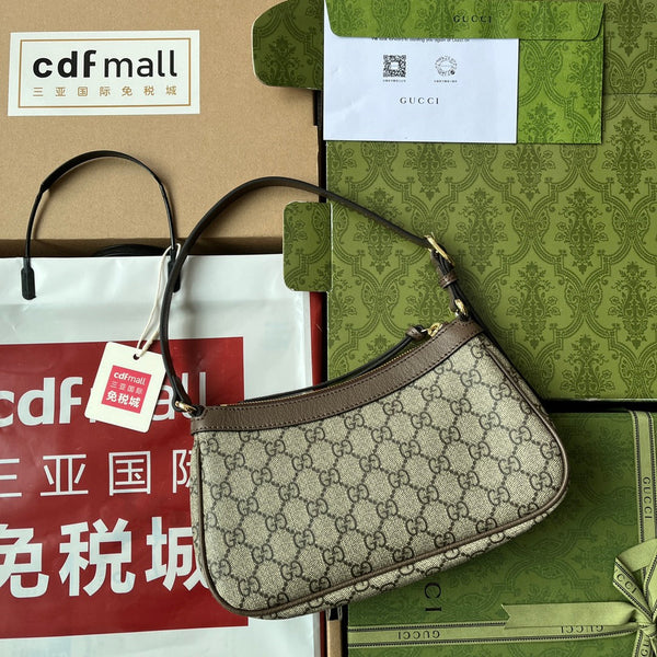 Borsa a tracolla piccola GG Ophidia 21 cm in tela beige marrone scuro