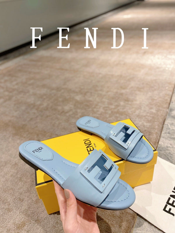 FENDI BAGUETTE SLIDES IN BABY BLUE LAMBSKIN