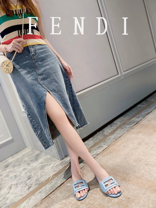 FENDI BAGUETTE SLIDES IN BABY BLUE LAMBSKIN