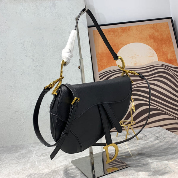 CD Saddle Bag Strap Warm Taupe Grained Black Calfskin