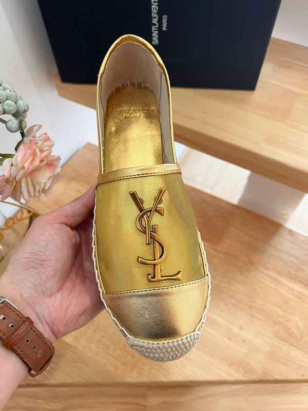 SL YVES LOGO SLIP ON METALLIC GOLD CALFSKIN AND MESH