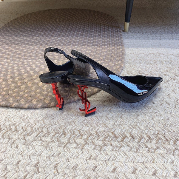 OPYUM RED HEEL SLINGBACK PUMPS IN BLACK GLOSSY CALFSKIN