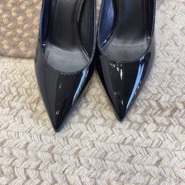 OPYUM SILVER HEEL PUMPS IN BLACK GLOSSY CALFSKIN