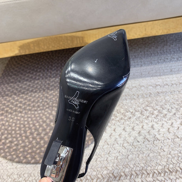 OPYUM SILVER HEEL SLINGBACK PUMPS IN BLACK GLOSSY CALFSKIN