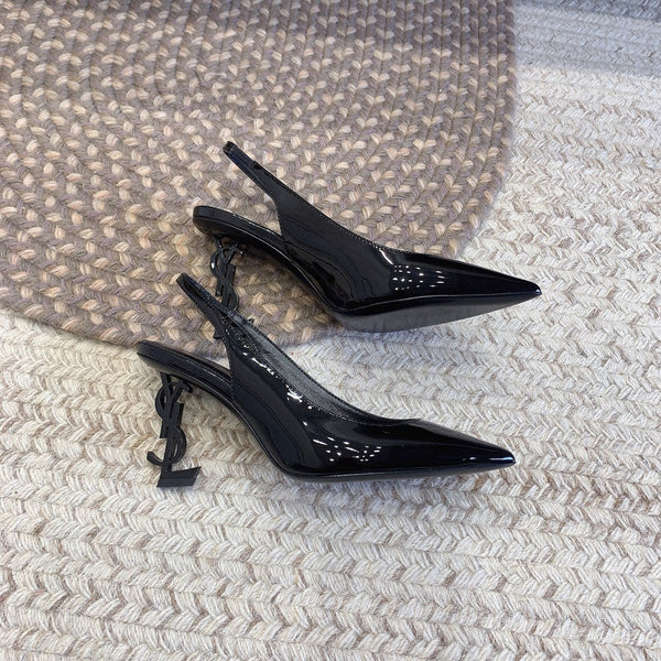 OPYUM BLACK HEEL SLINGBACK PUMPS IN BLACK GLOSSY CALFSKIN