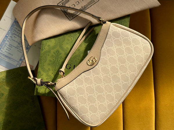 BORSA A MANO OPHIDIA GG SMALL 25 TELA SUPREME BEIGE E BIANCA