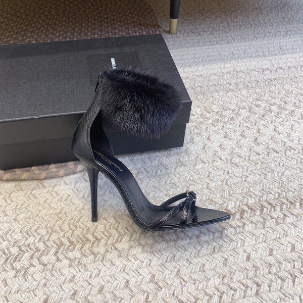 HIGH HEEL SANDAL IN BLACK POLISHED CALFSKIN AND MINK FUR