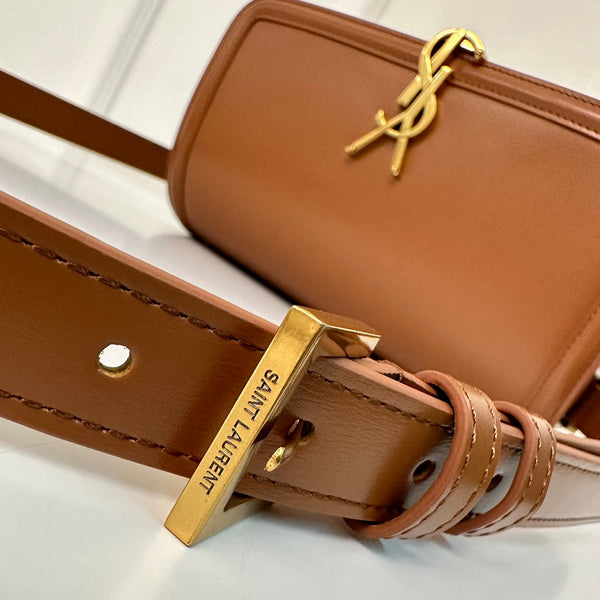 YSL Solferino Small Satchel Bag Brown Gold Calfskin 339437