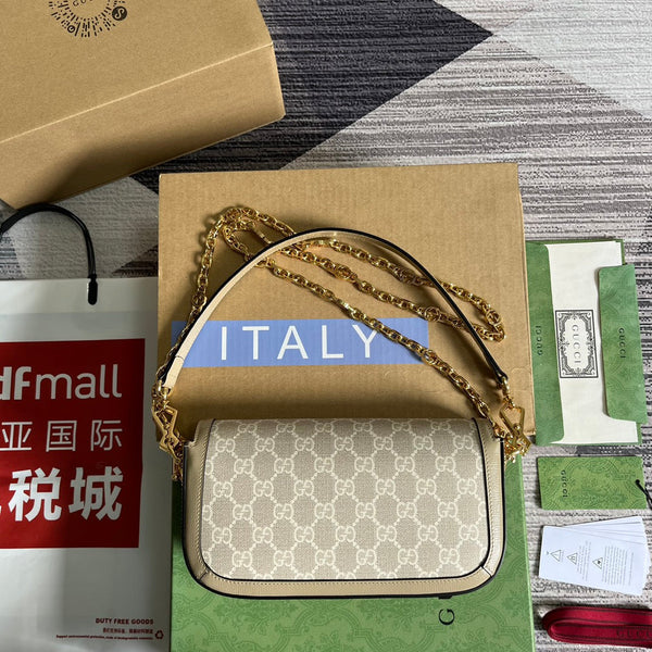 BORSA GG HORSEBIT 1955 24 IN TELA BIANCA E PELLE DI VITELLO BEIGE