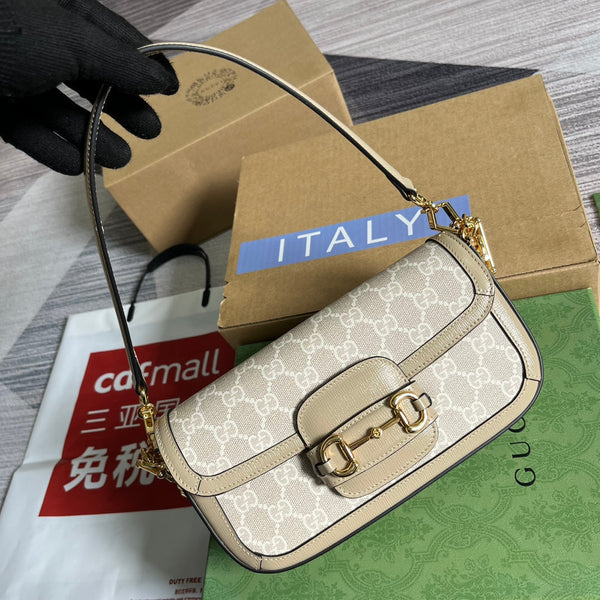 BORSA GG HORSEBIT 1955 24 IN TELA BIANCA E PELLE DI VITELLO BEIGE