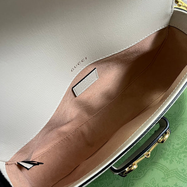 BORSA GG HORSEBIT 1955 24 IN TELA BEIGE E PELLE DI VITELLO BIANCA